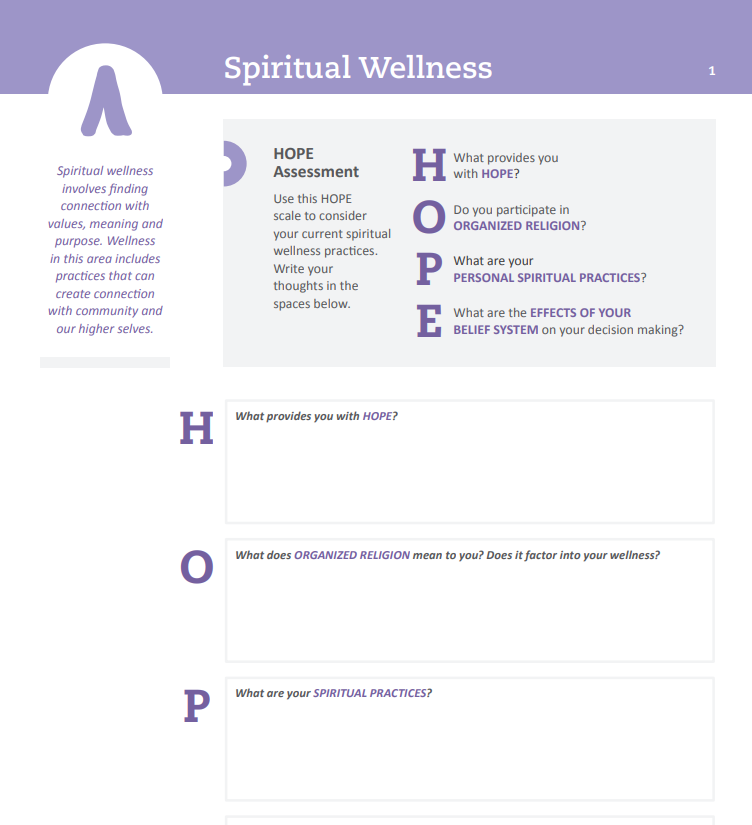 DBSA Wellness Wheel Spiritual Worksheet