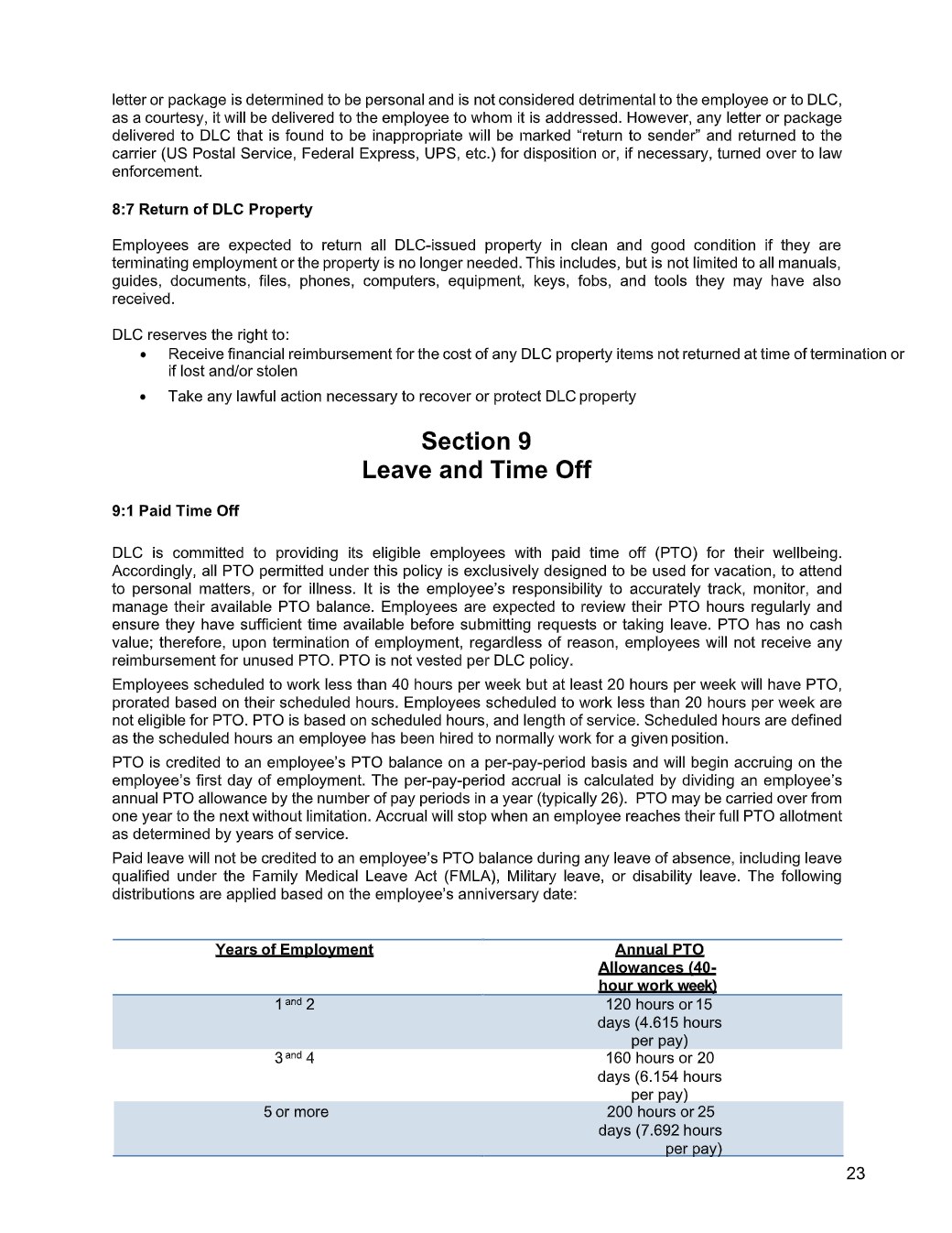 PTO and Holiday Information