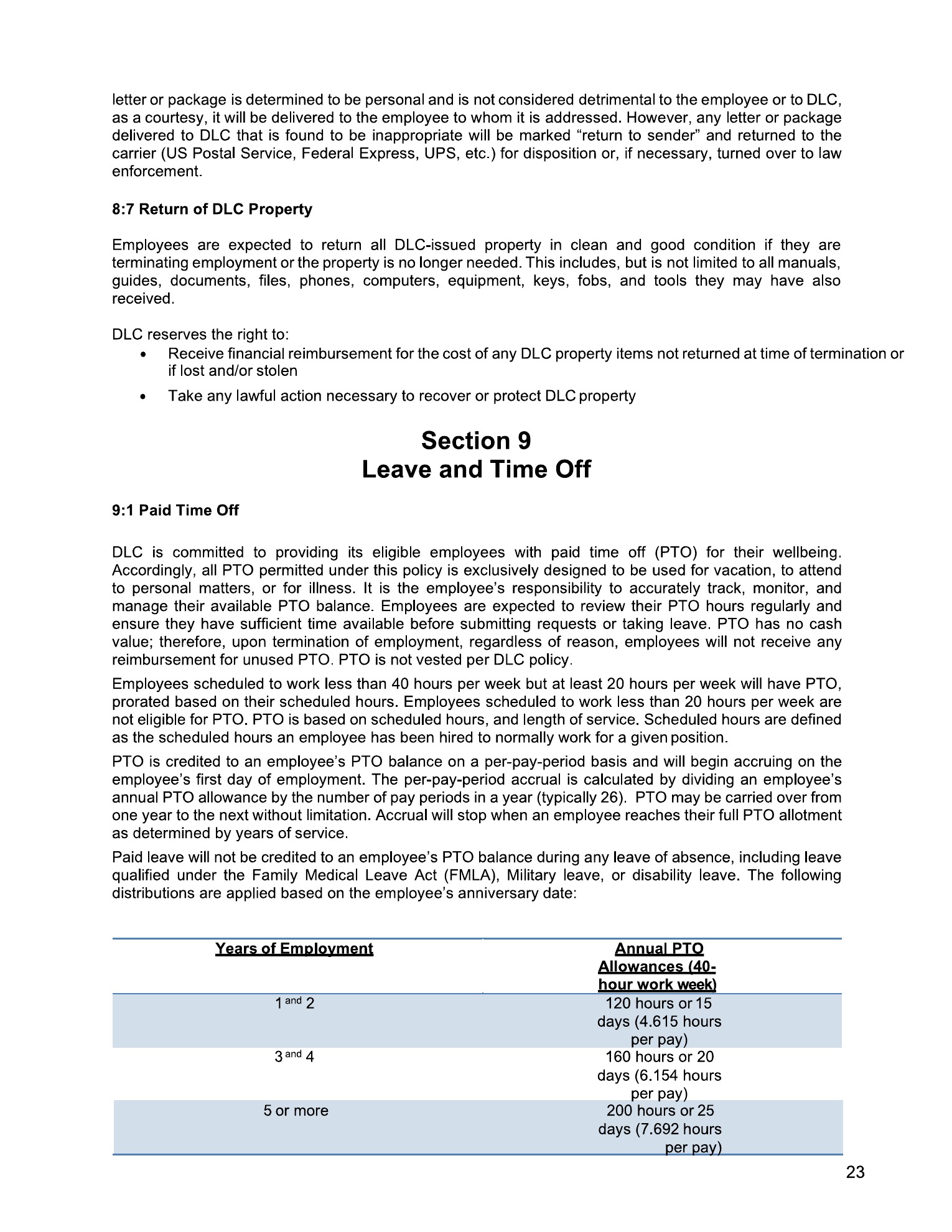 PTO and Holiday Info